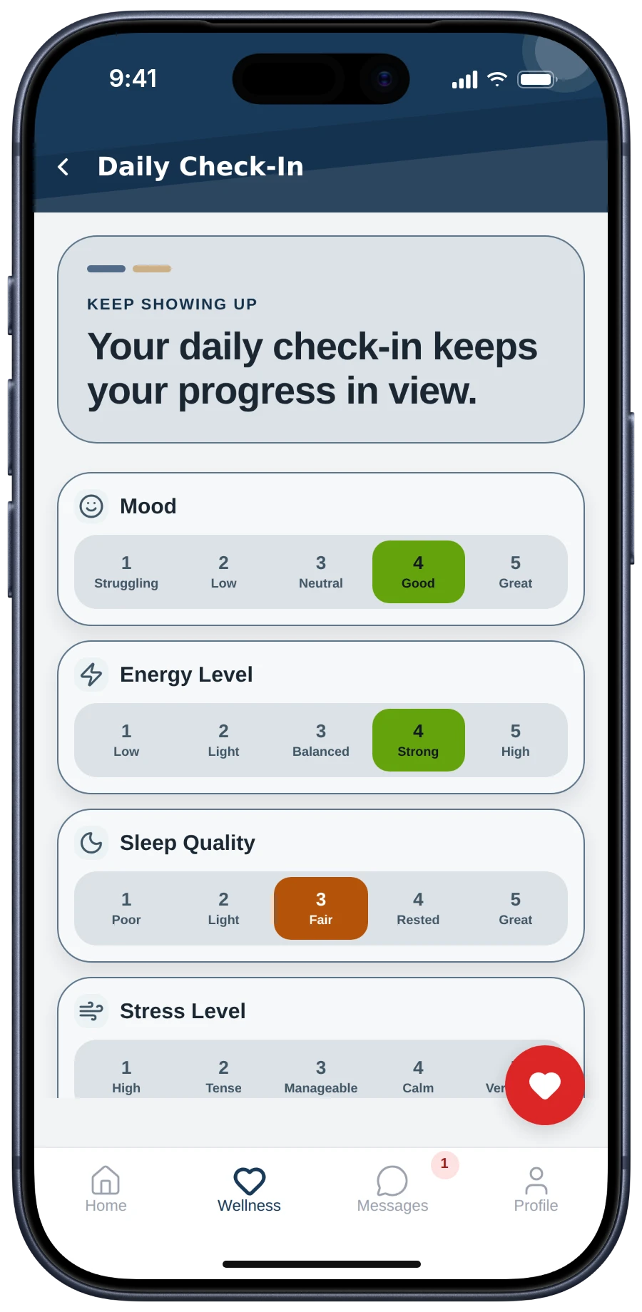 Daily check-in with mood, energy and sleep answered