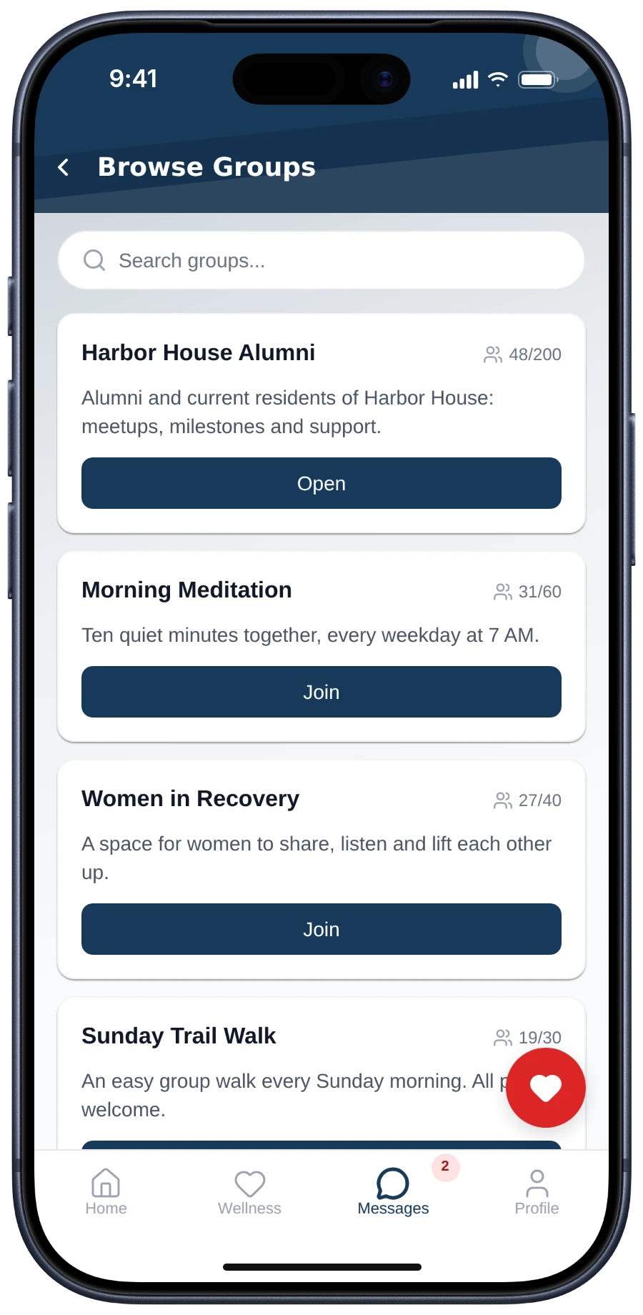 The participant app’s group directory, with the Harbor House Alumni group and community groups to join