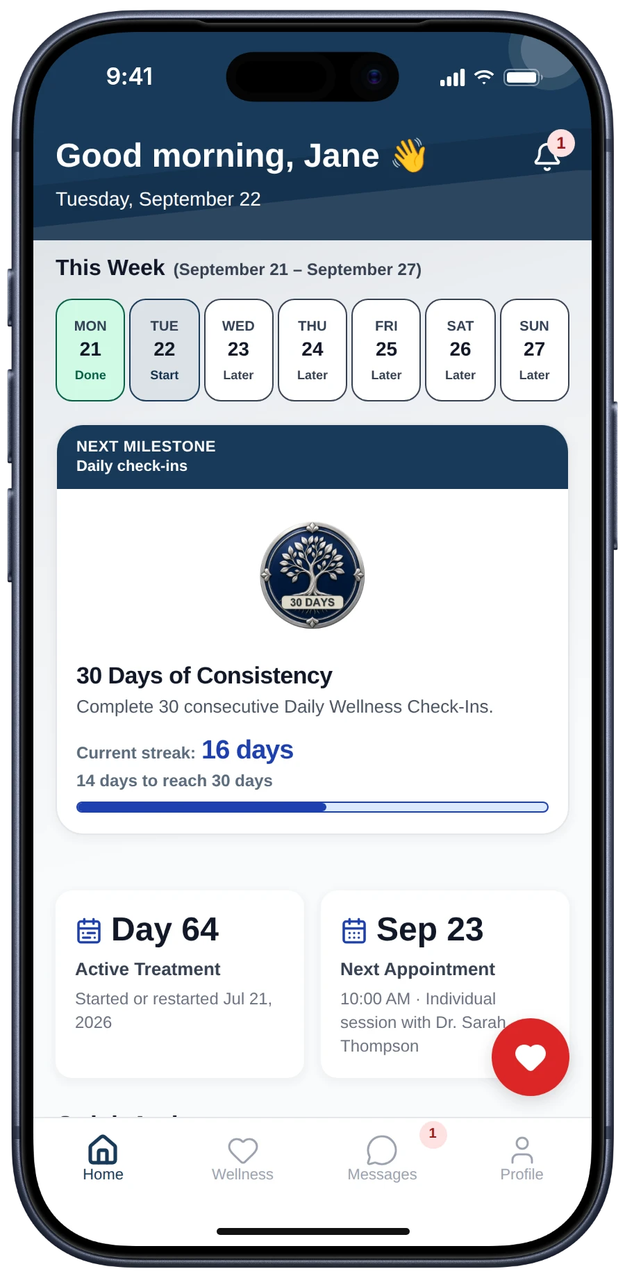 Participant app home screen with this week’s check-ins, the next milestone, the day count and the next appointment
