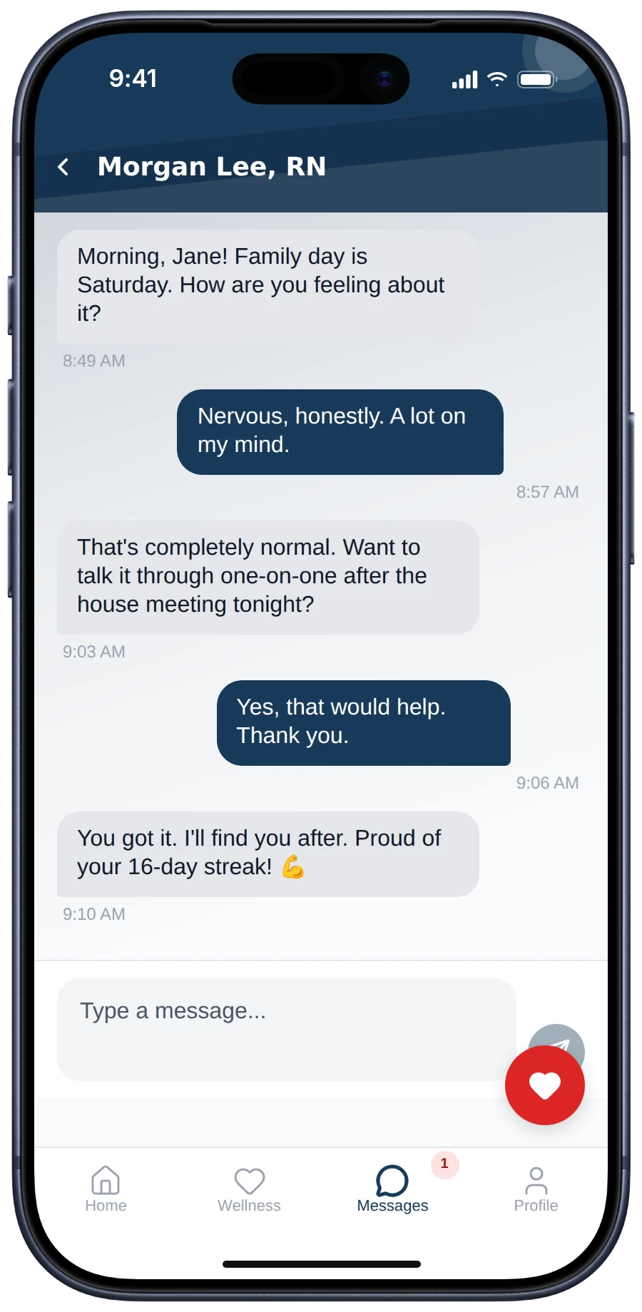 A message thread between the participant and her nurse in the participant app