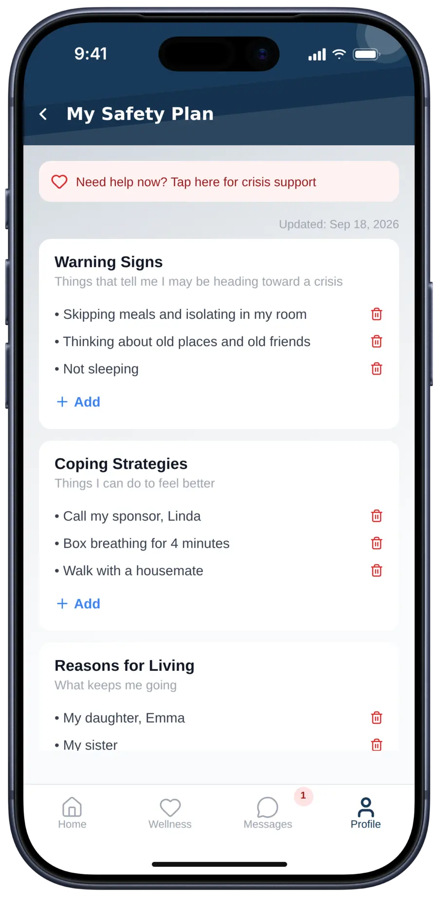 A participant’s safety plan with a crisis support link, sample data