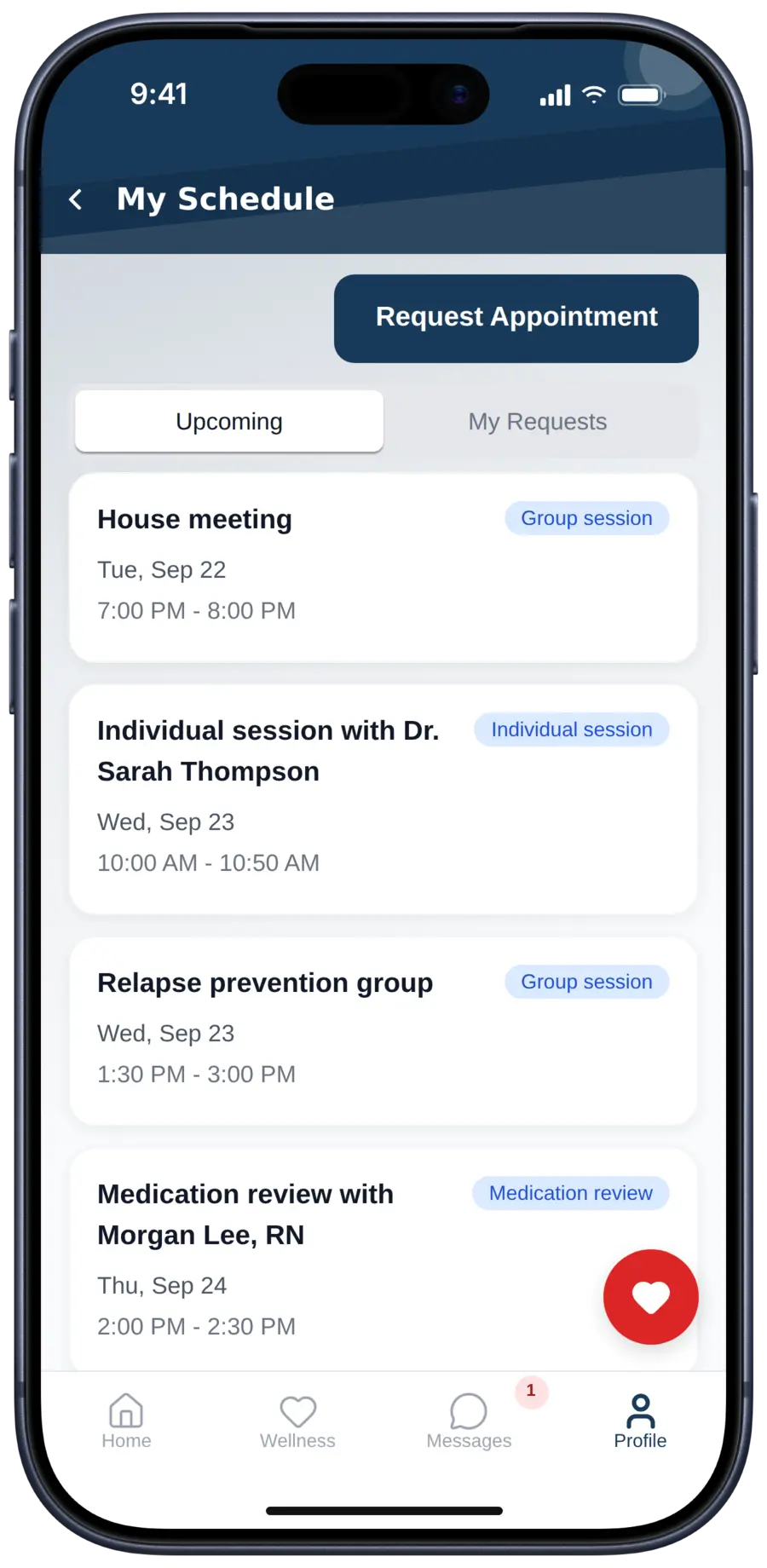 Upcoming appointments in the participant app, sample data