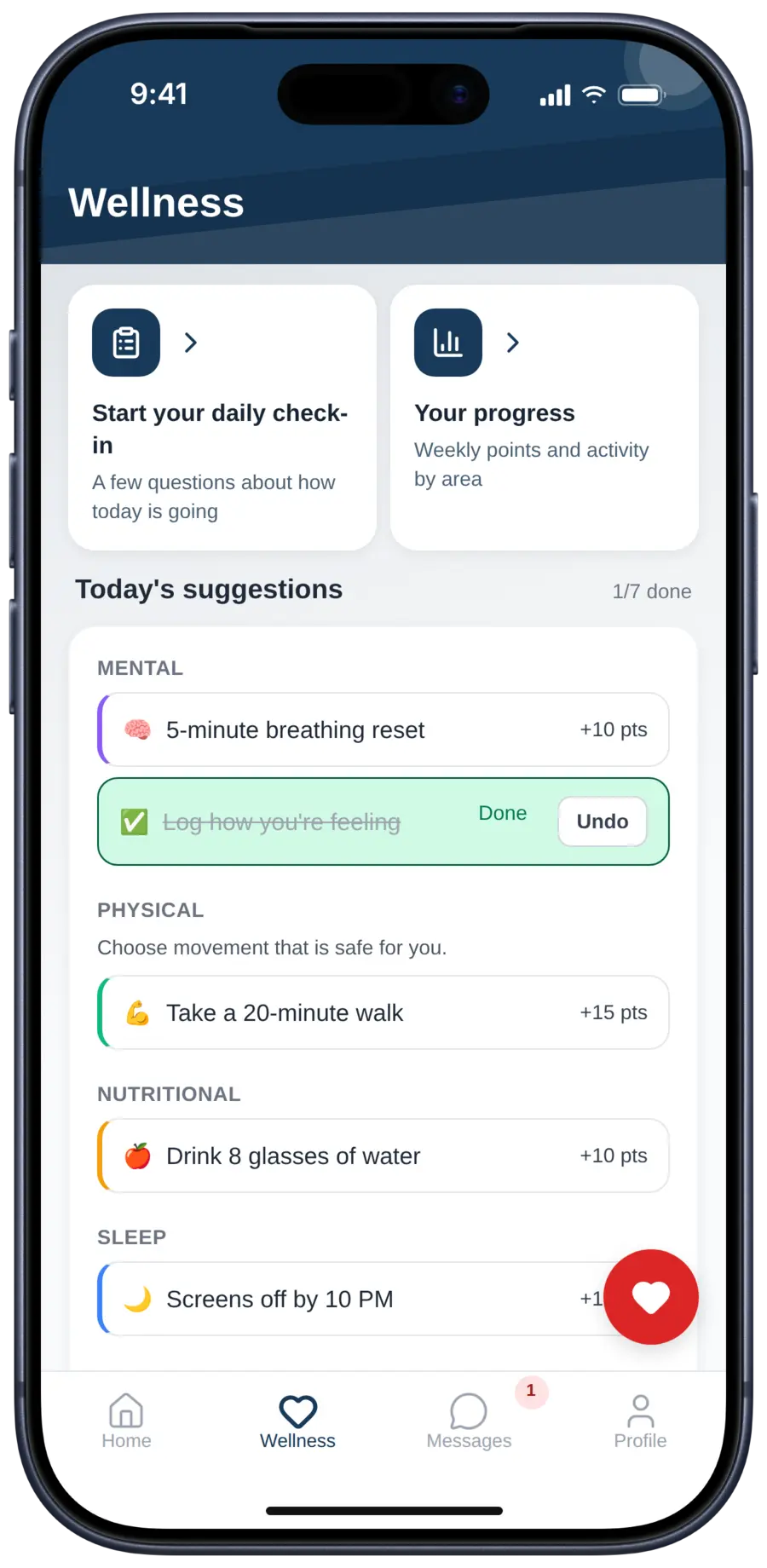 The participant’s Wellness Stacks with today’s suggestions, sample data