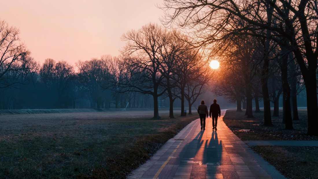 Two people walking a tree-lined path at sunrise