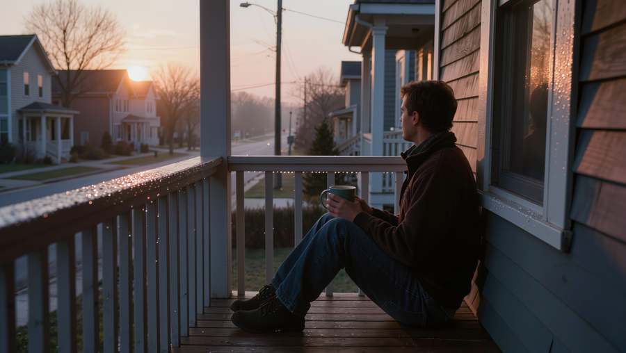 A cup of coffee on a porch railing at dawn