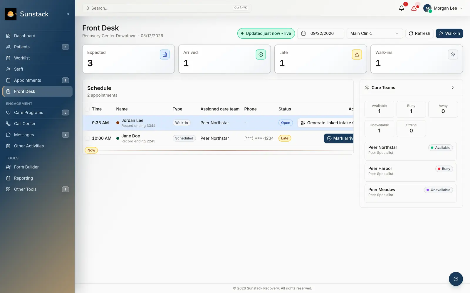 The staff front desk with today’s schedule, sample data