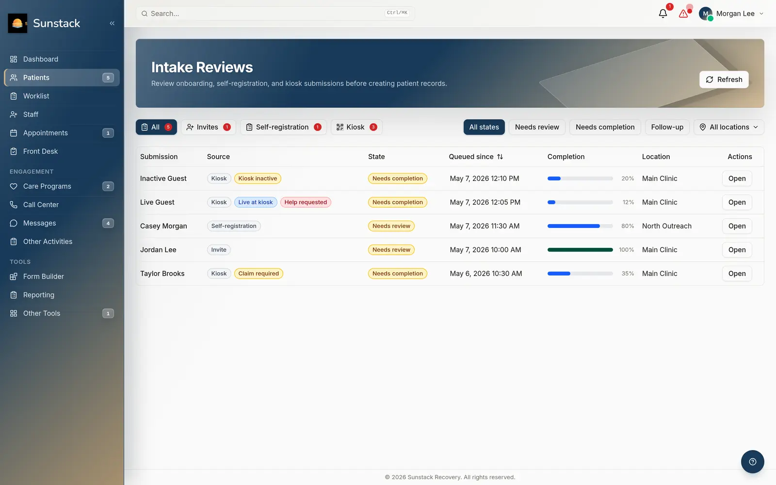 The staff intake reviews queue, with sample data